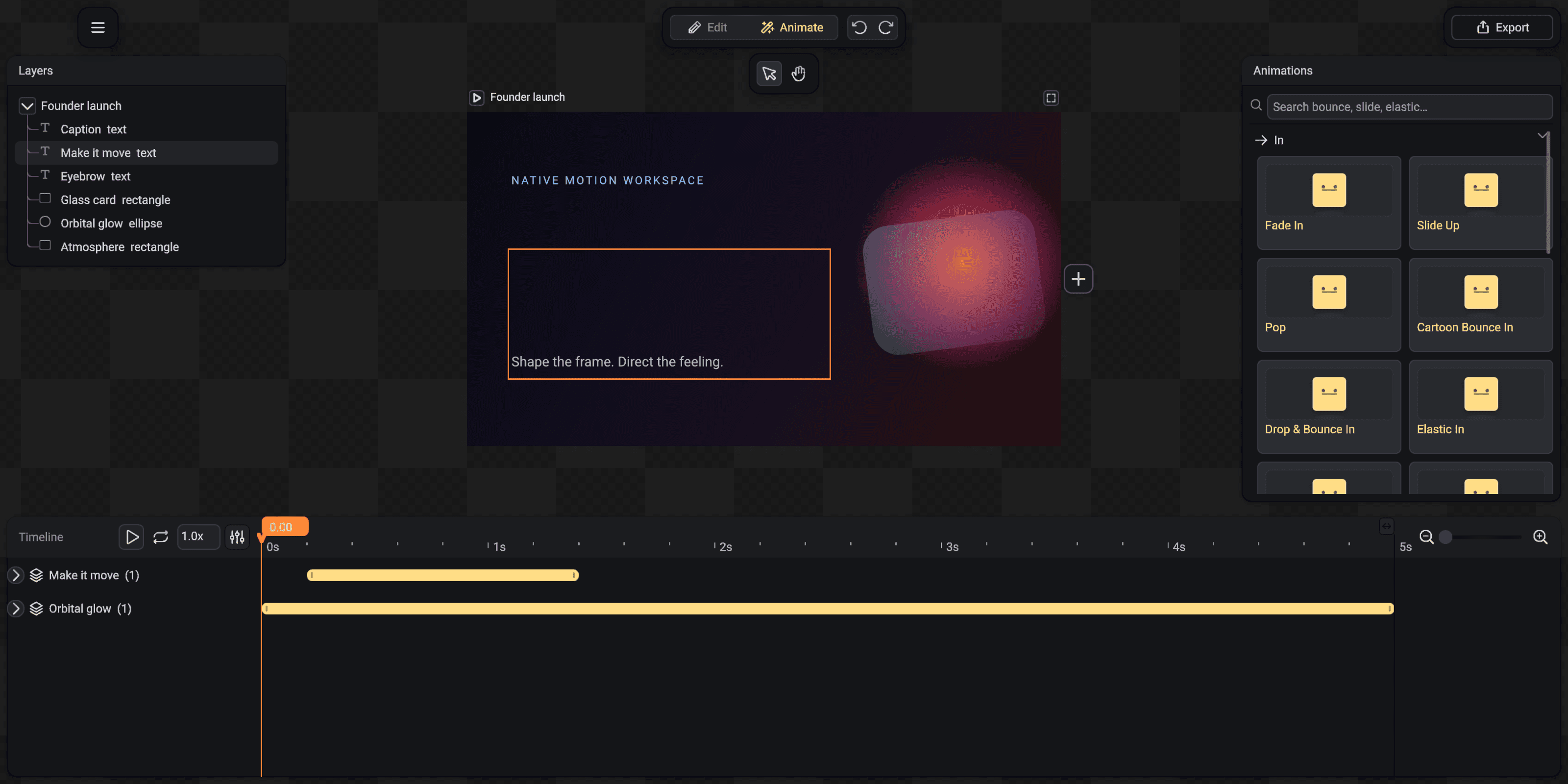 SceneLoft Animate workspace and timeline